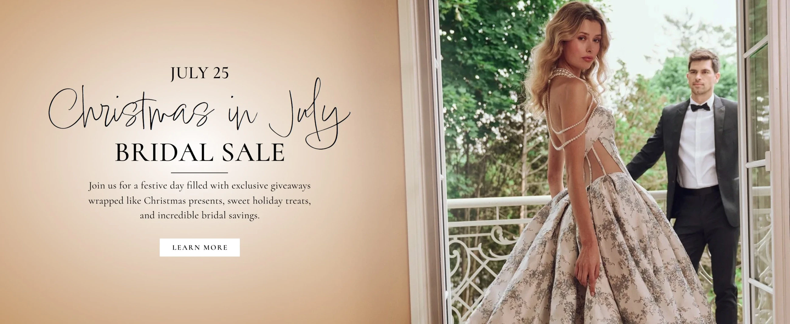 Models wearing bridal gown and tuxedo, christmas in july bridal sale desktop banner