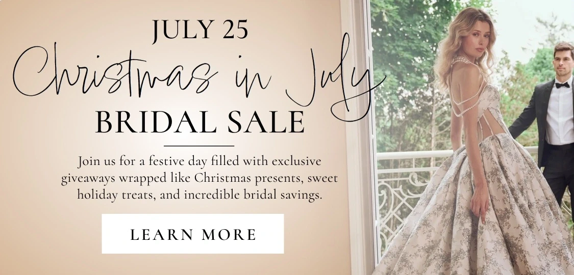 Models wearing bridal gown and tuxedo, christmas in july bridal sale mobile banner